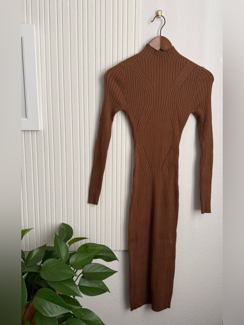 Caramel Brown Mock-Neck Long Sleeve Midi Dress